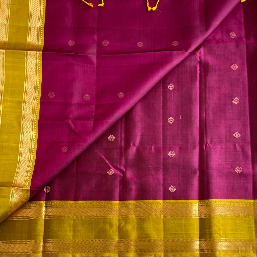 Magenta Pink Designer Pure Silk Saree With Mustard Gold Retta Petta Borders