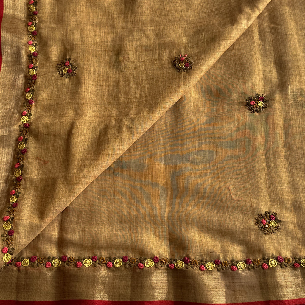 Traditional Mustard Gold Floral Embroidered Saree with Rust Striped Pallu
