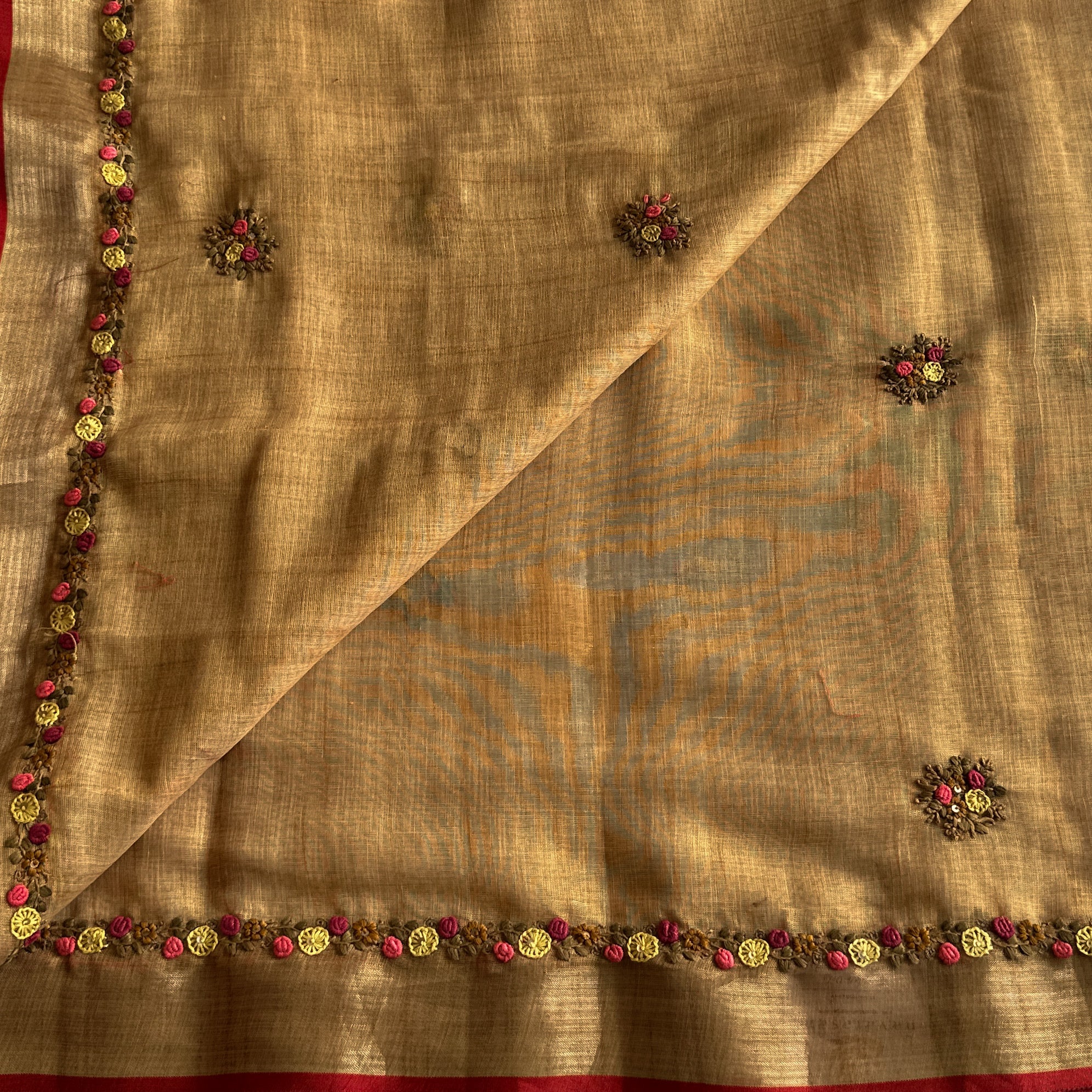 Traditional Mustard Gold Floral Embroidered Saree with Rust Striped Pallu