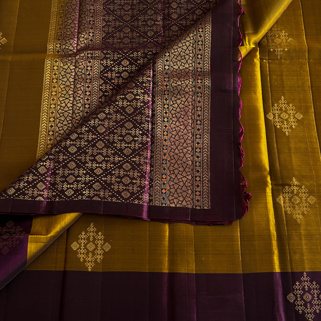 Regal Purple Gold Pallu Mustard Body Woven Saree For Weddings