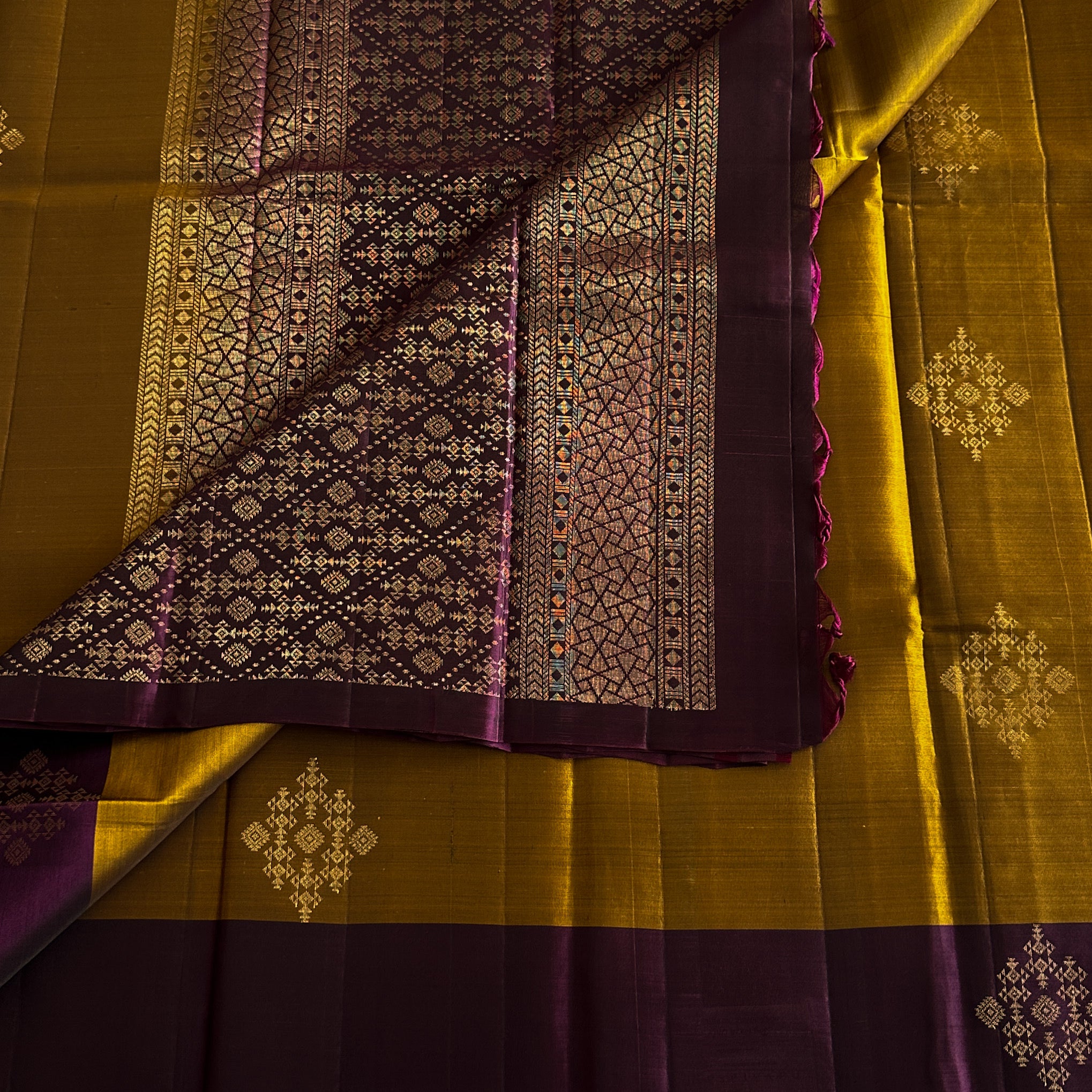 Regal Purple Gold Pallu Mustard Body Woven Saree For Weddings