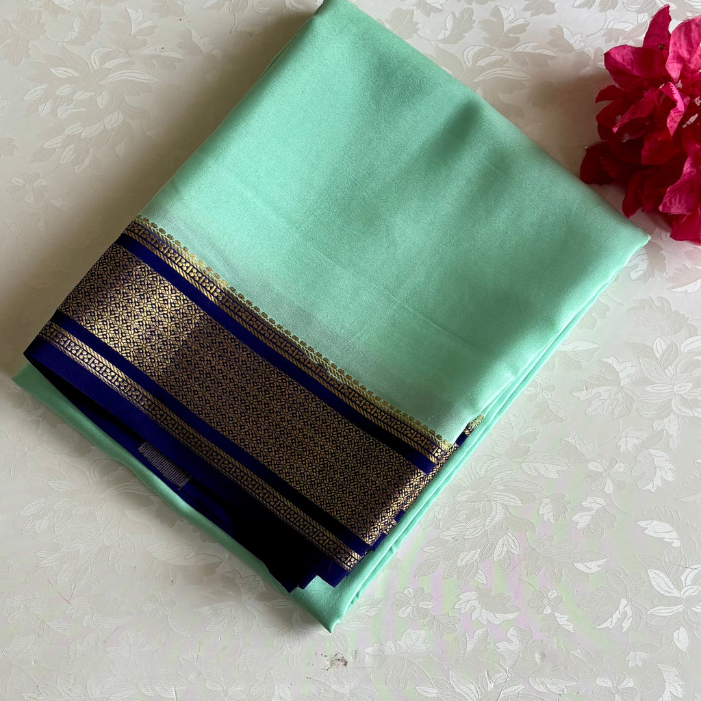 Sea Green With Rich Navy Blue Mysore Crepe Silk Saree With Antique Gold Borders