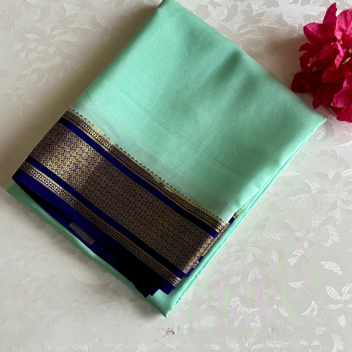 Sea Green With Rich Navy Blue Mysore Crepe Silk Saree With Antique Gold Borders