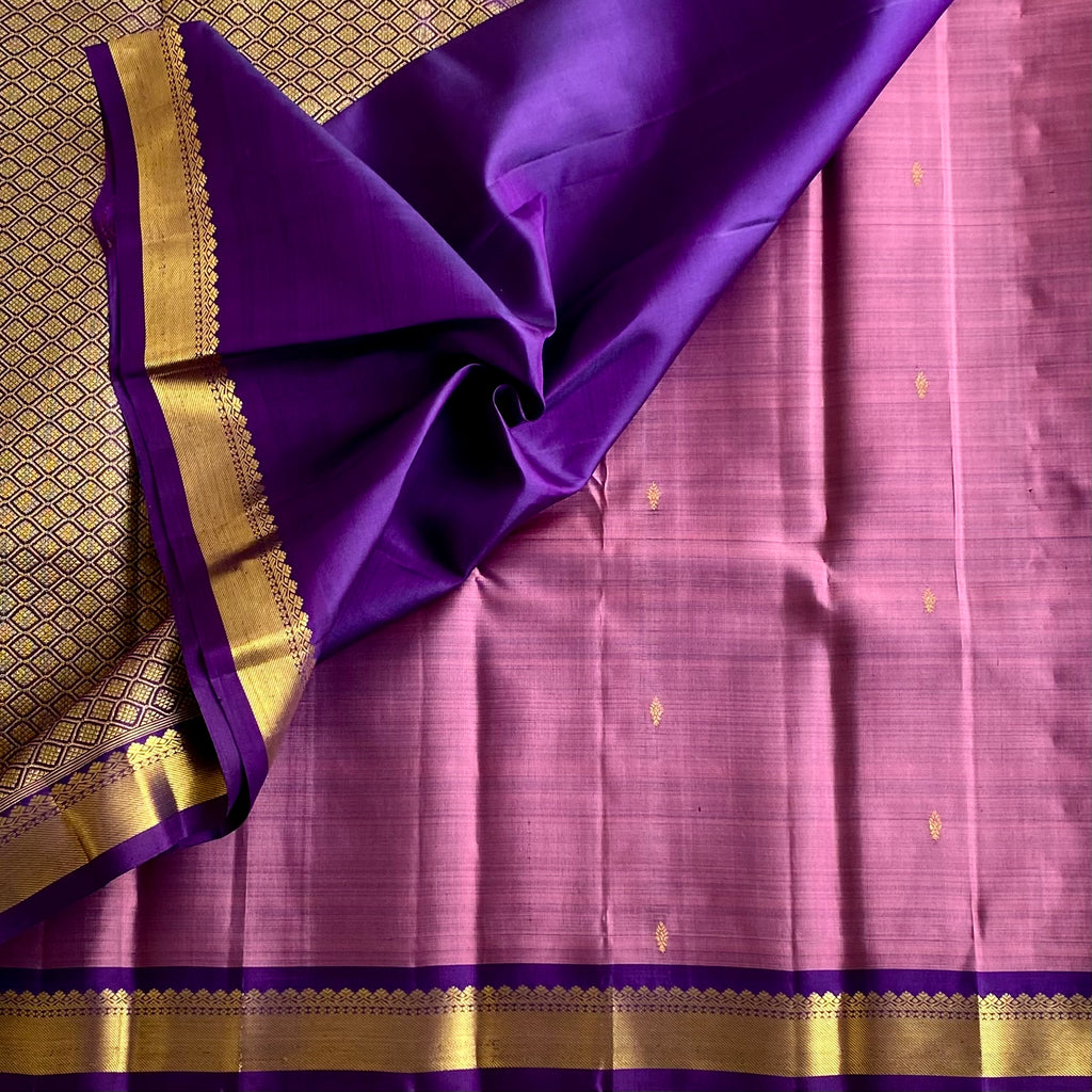 Metallic Mauve Kanjeevaram Pure Zari Silk Saree With Royal Purple Pallu
