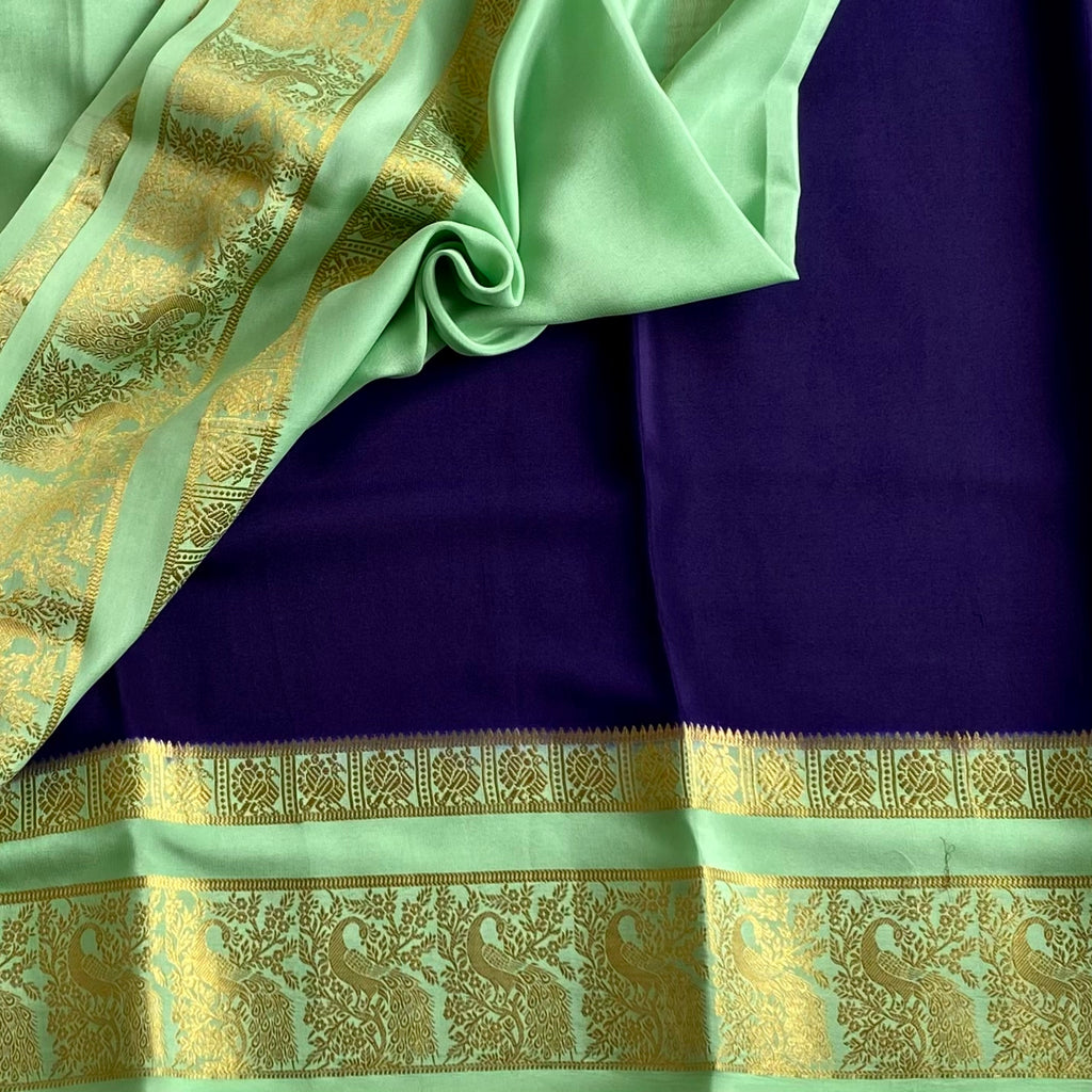 Midnight Navy Mysore Crepe Silk Saree With Mint Green Pallu