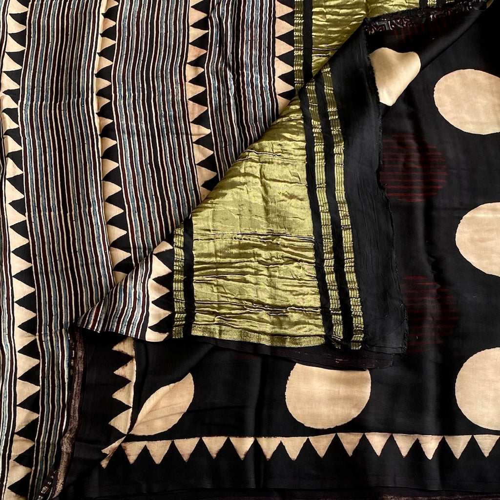 Jet Black Ajrakh Handblock Printed Silk Saree With Antique Gold Pallu