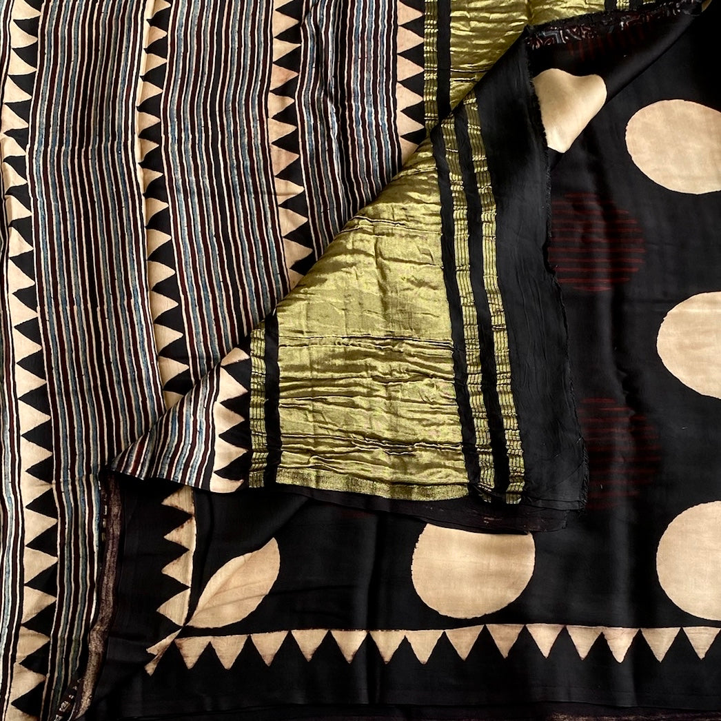 Jet Black Ajrakh Handblock Printed Silk Saree With Antique Gold Pallu