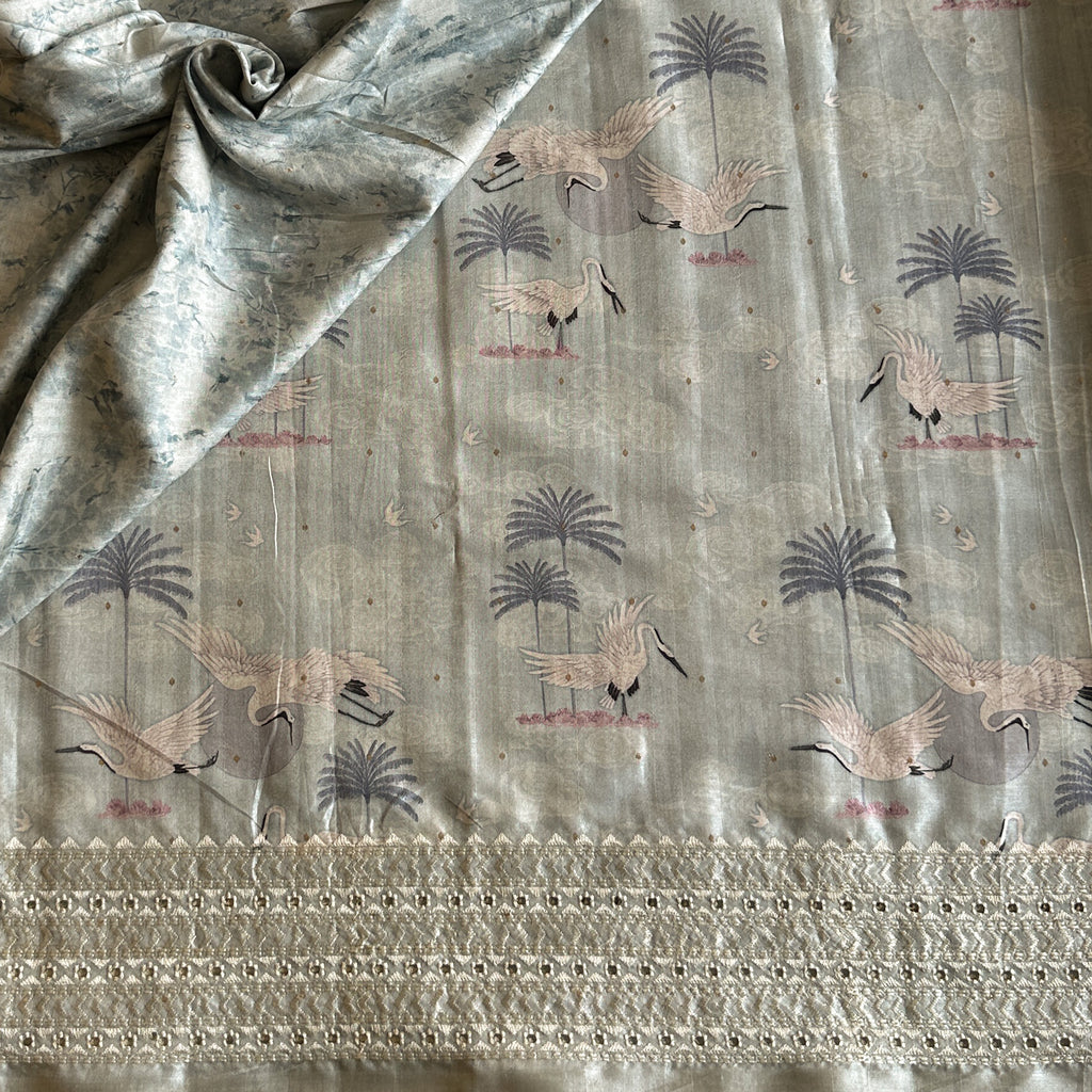 Pale Seafoam Crane Print Saree Gold Zari Border Tasseled Pallu