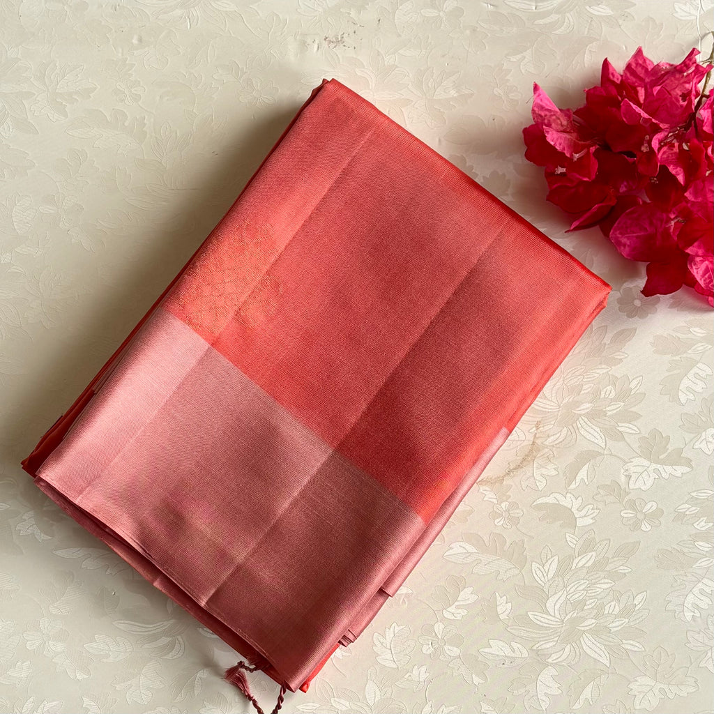 Dusty Rose Designer Pure Silk Saree With Coral Red Pallu