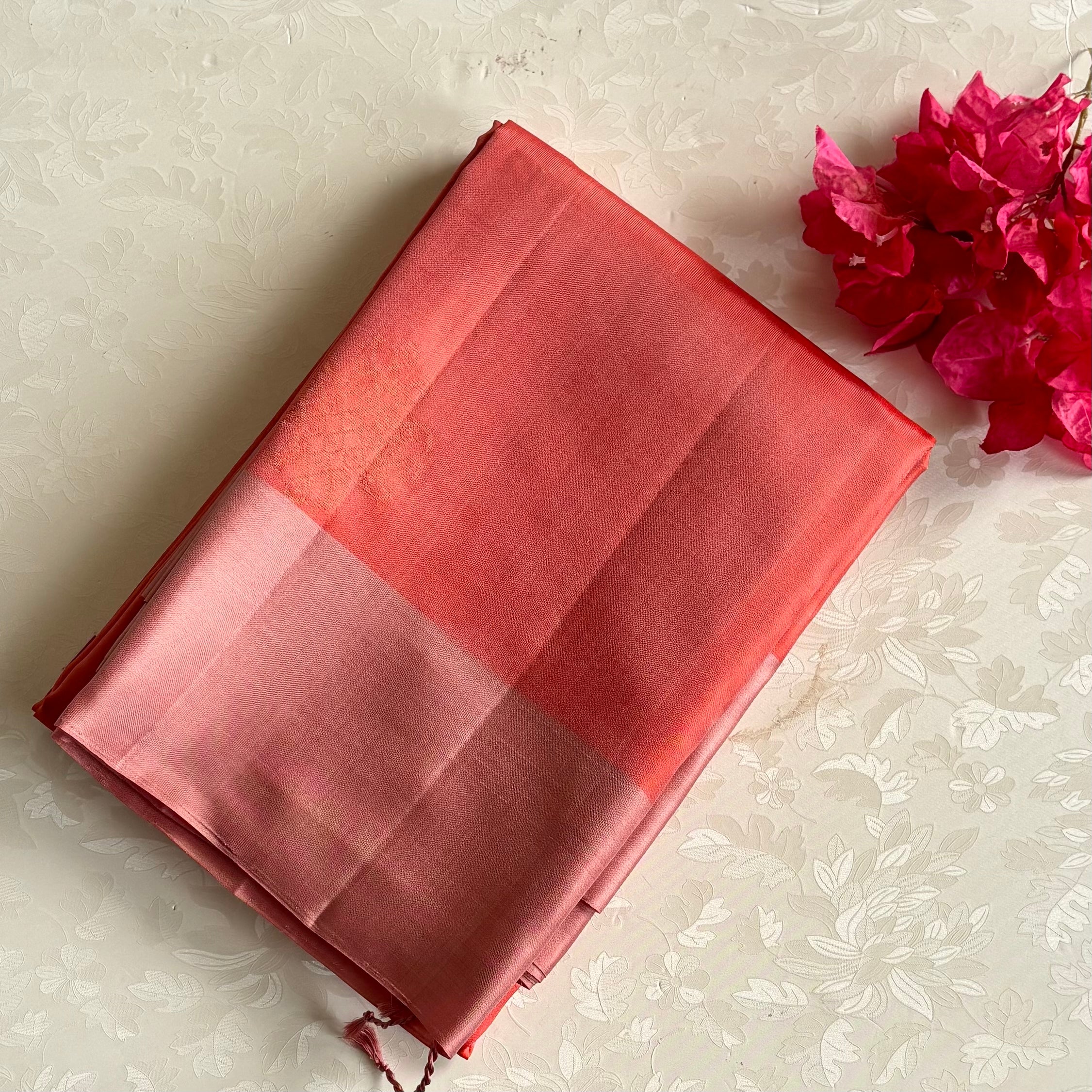 Dusty Rose Designer Pure Silk Saree With Coral Red Pallu