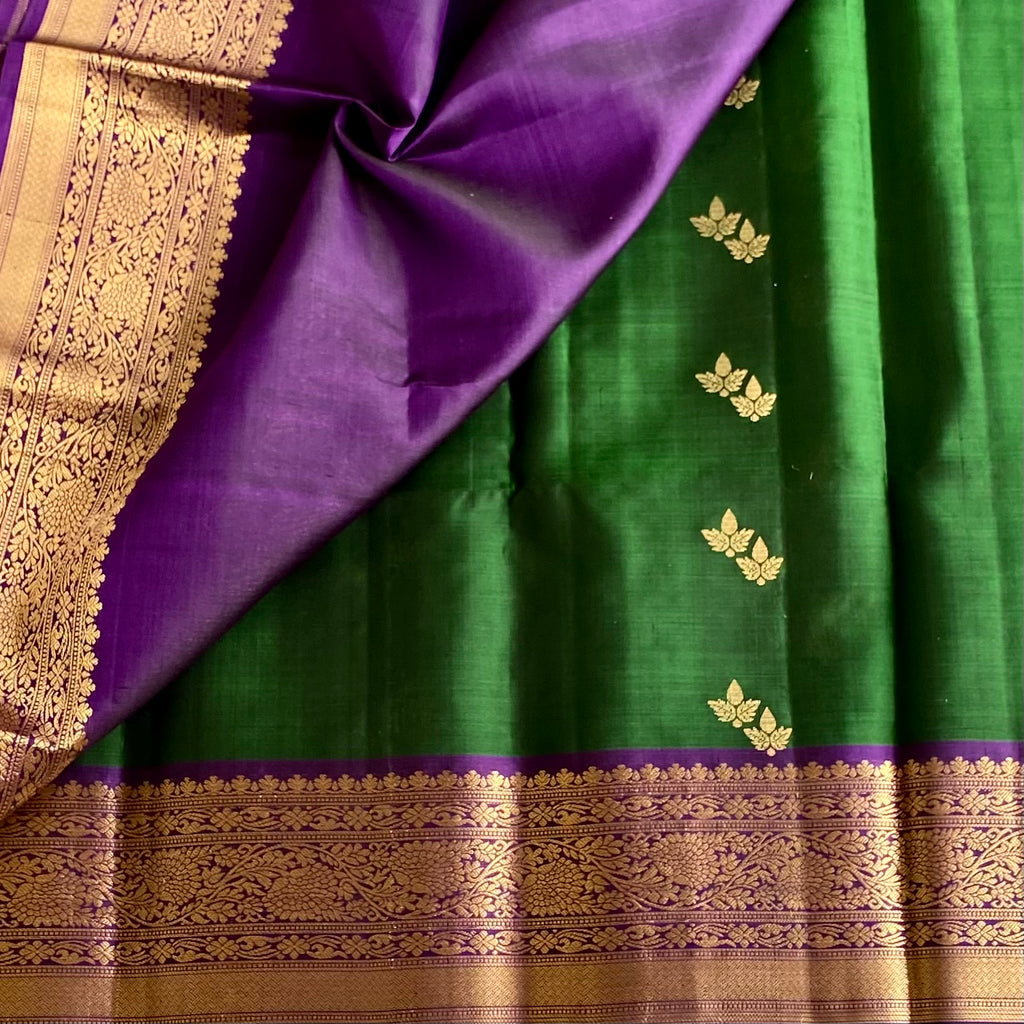 Forest Green Designer Pure Silk Saree With Cadbury Purple Pallu