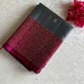 Silver Grey Designer Pure Silk Saree With Rani Pink Pallu