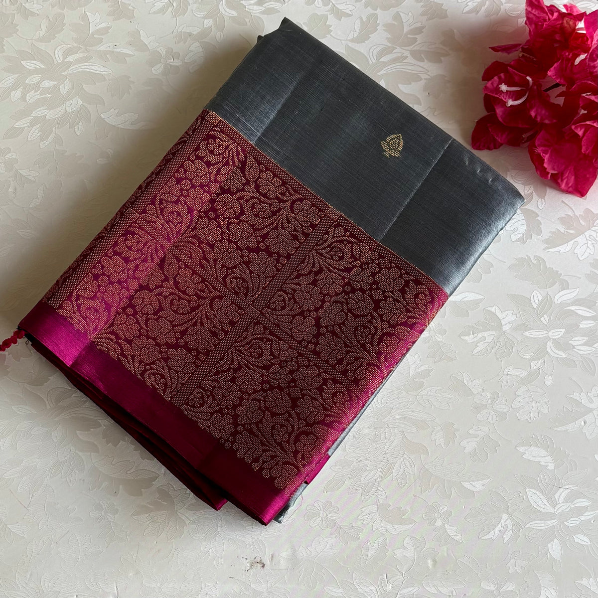 Silver Grey Designer Pure Silk Saree With Rani Pink Pallu