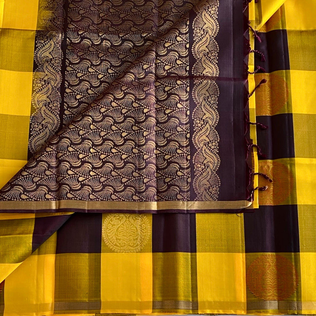 Mustard n Black Checkered Designer Pure Silk With Deep Brown Pallu