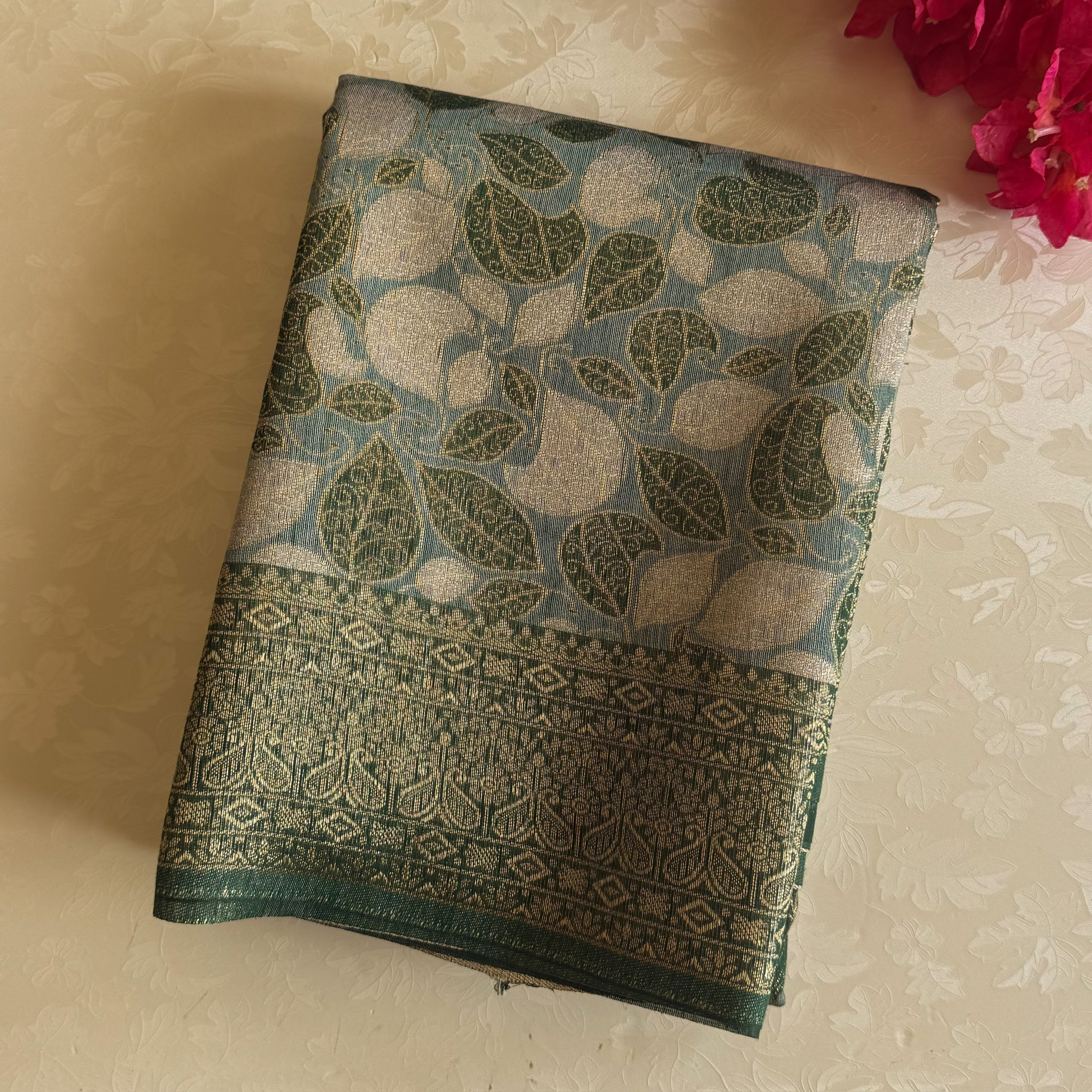 Emerald Green Gold Brocade Saree With Leaf Jacquard Pallu Tassels