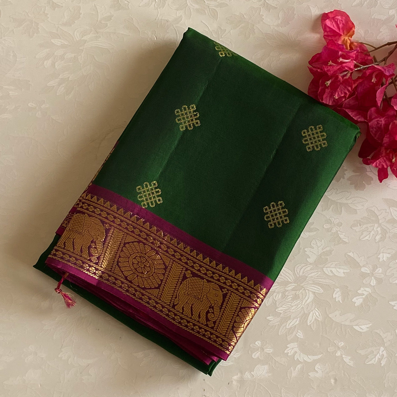 Emerald Green Silk Saree with Fuchsia Pallu Gold Zari Border