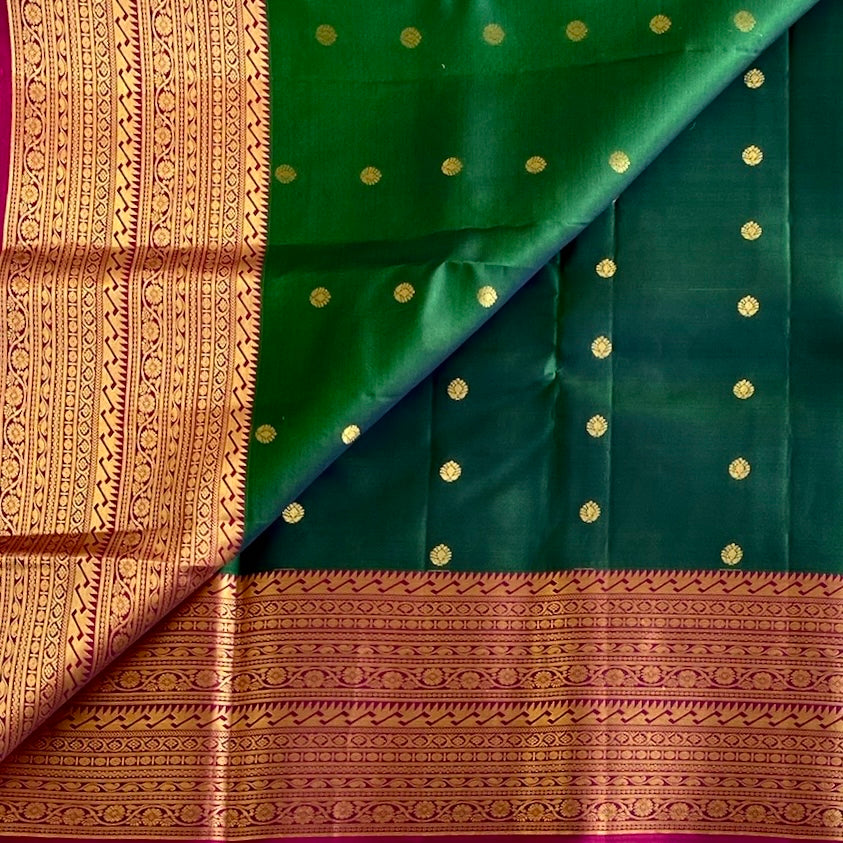 Bottle Green Designer Pure Silk Saree Rani Pink Pallu Gold Border