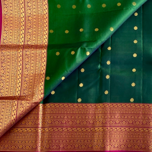 Bottle Green Designer Pure Silk Saree Rani Pink Pallu Gold Border