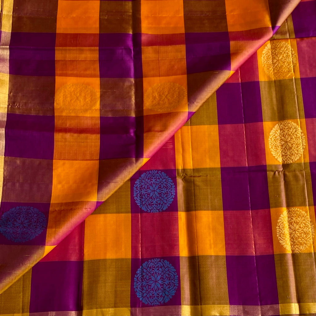 Checkered Shades Of Orange & Purple Designer Pure Silk