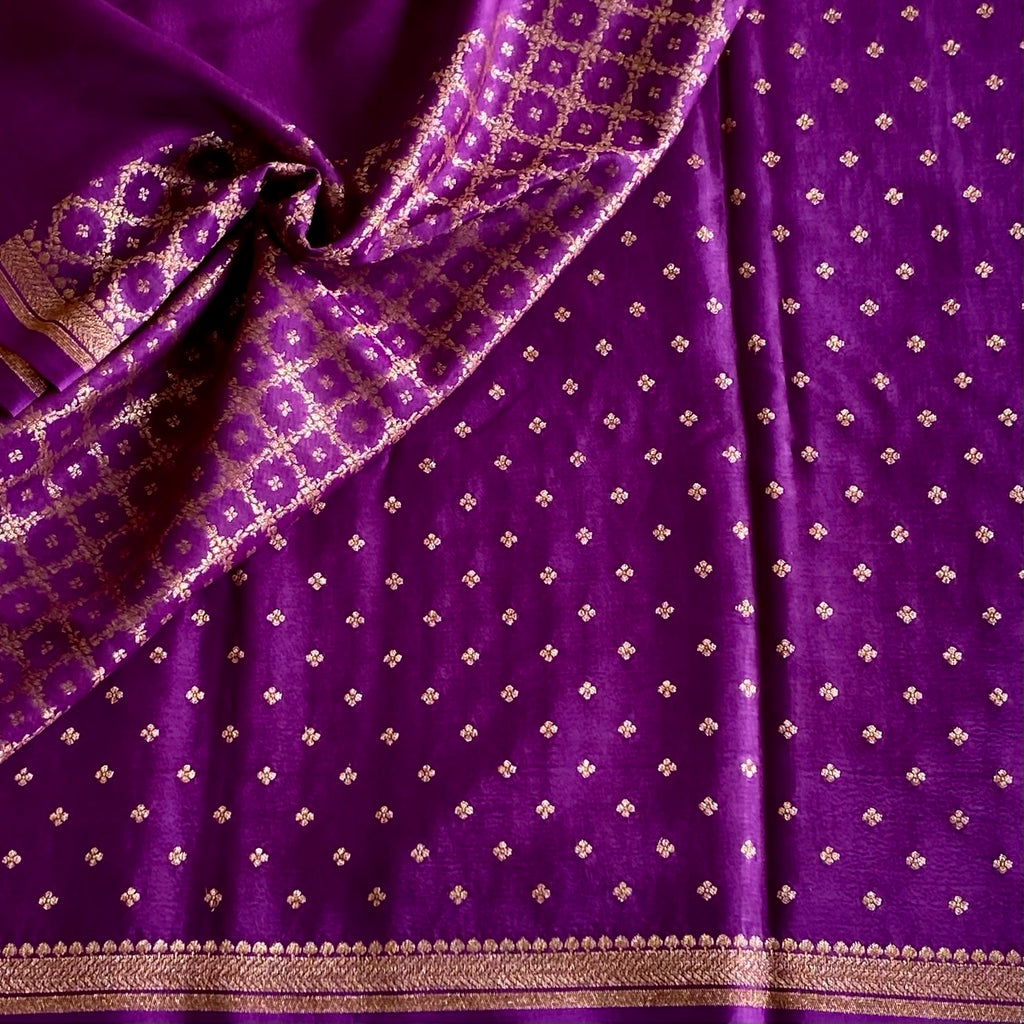 Royal Purple And Antique Gold Banarasi Crepe Silk Saree With Woven Pallu