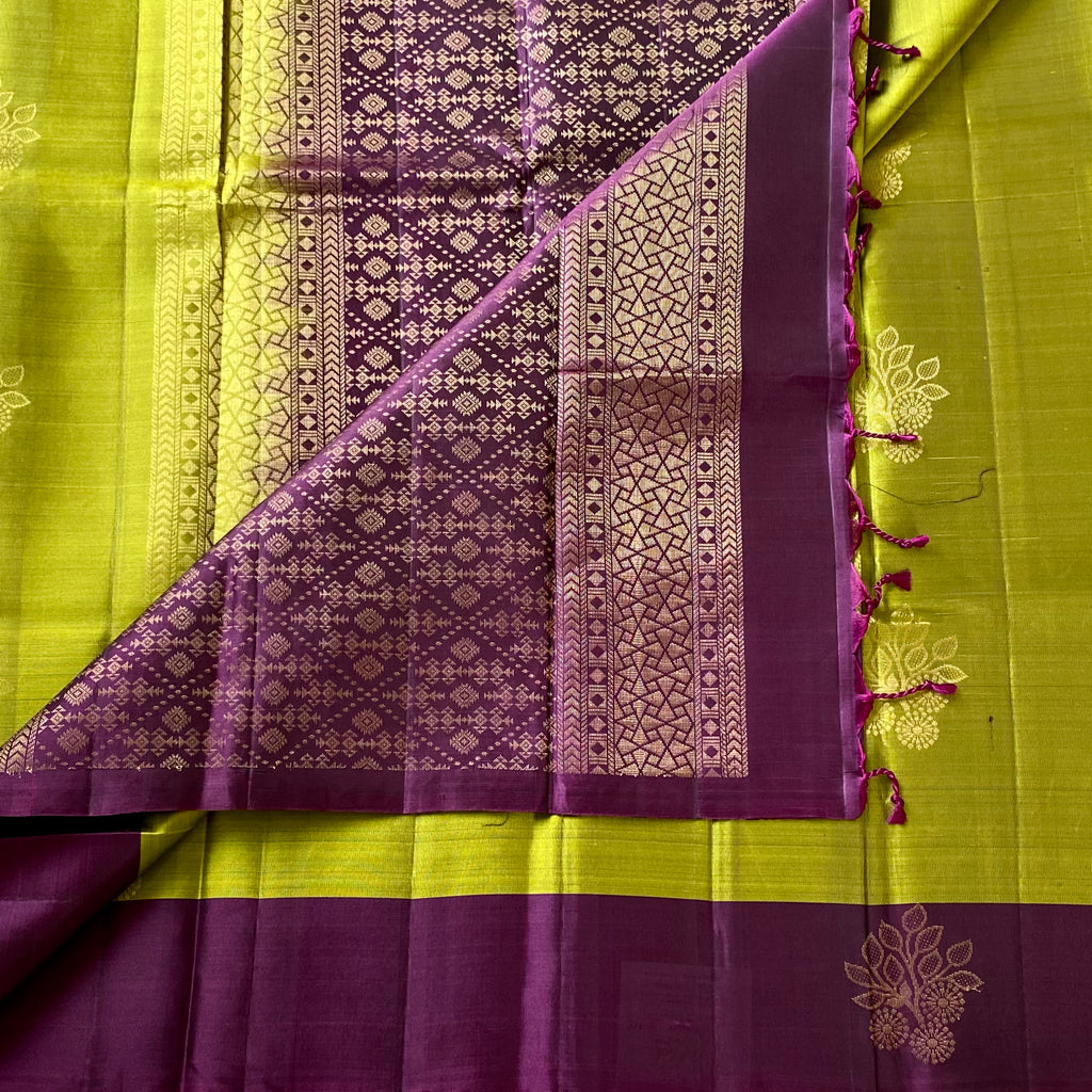 Chartreuse Silk Saree Royal Purple Gold Woven Pallu For Weddings