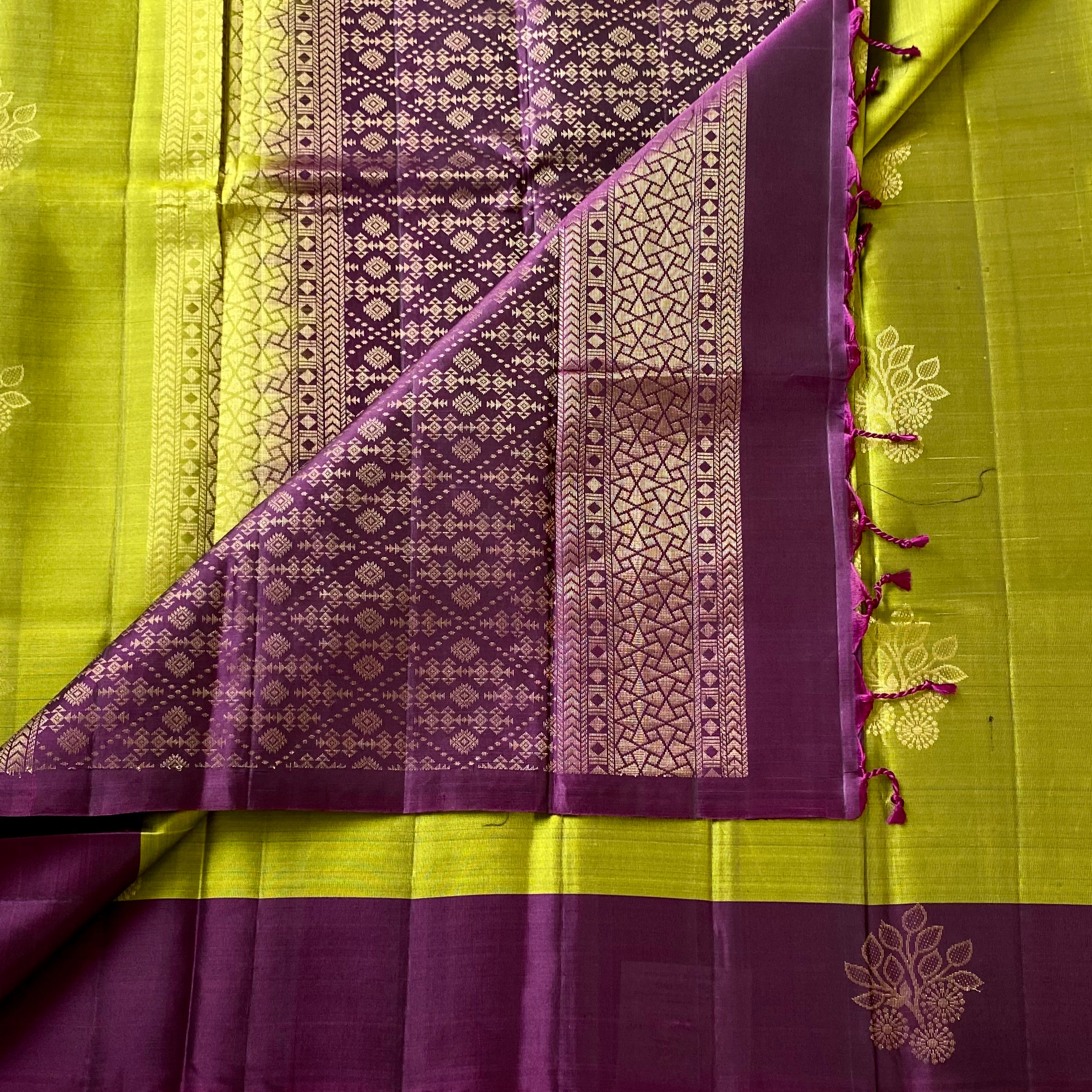 Chartreuse Silk Saree Royal Purple Gold Woven Pallu For Weddings