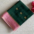 Bottle Green Soft Satin Crepe Silk Saree With Rose Pink Pallu