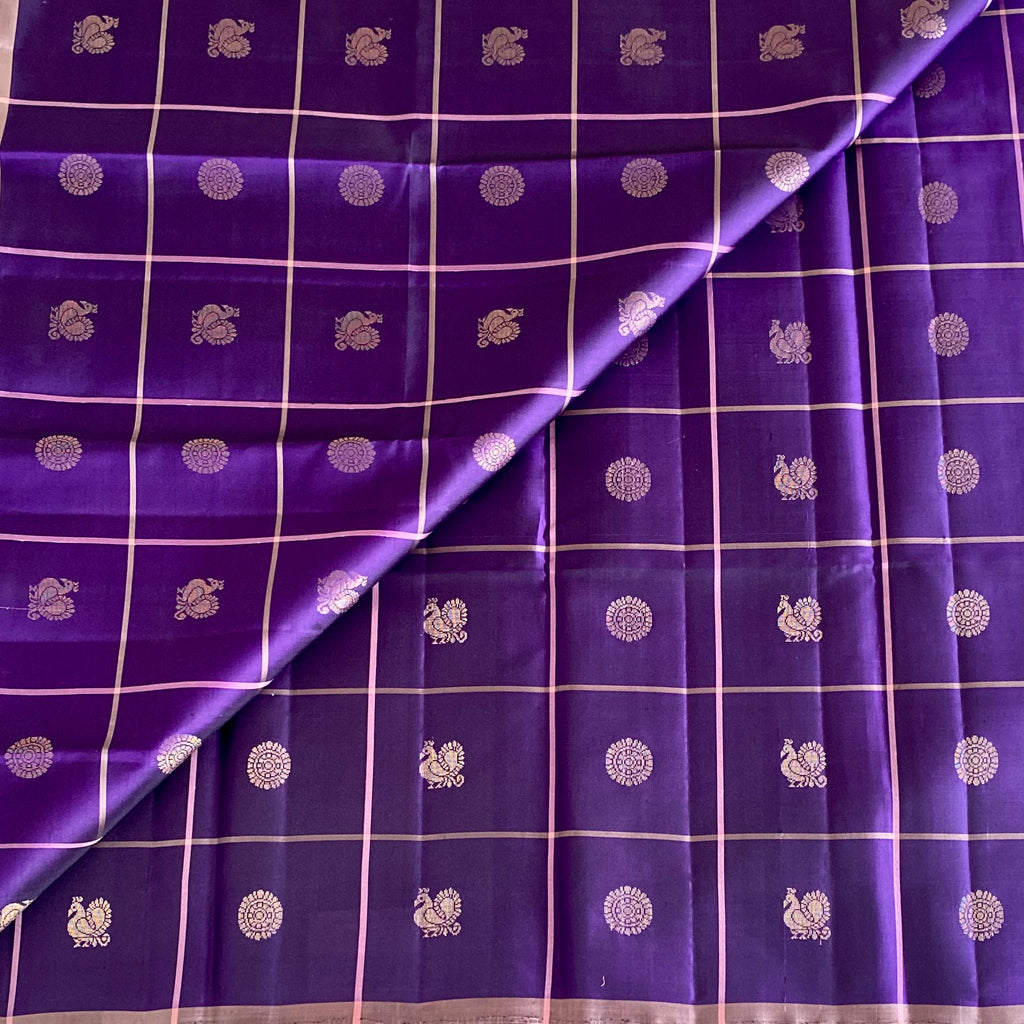 Deep Purple And Peach Pink Designer Pure Silk Saree With Gold Buttas