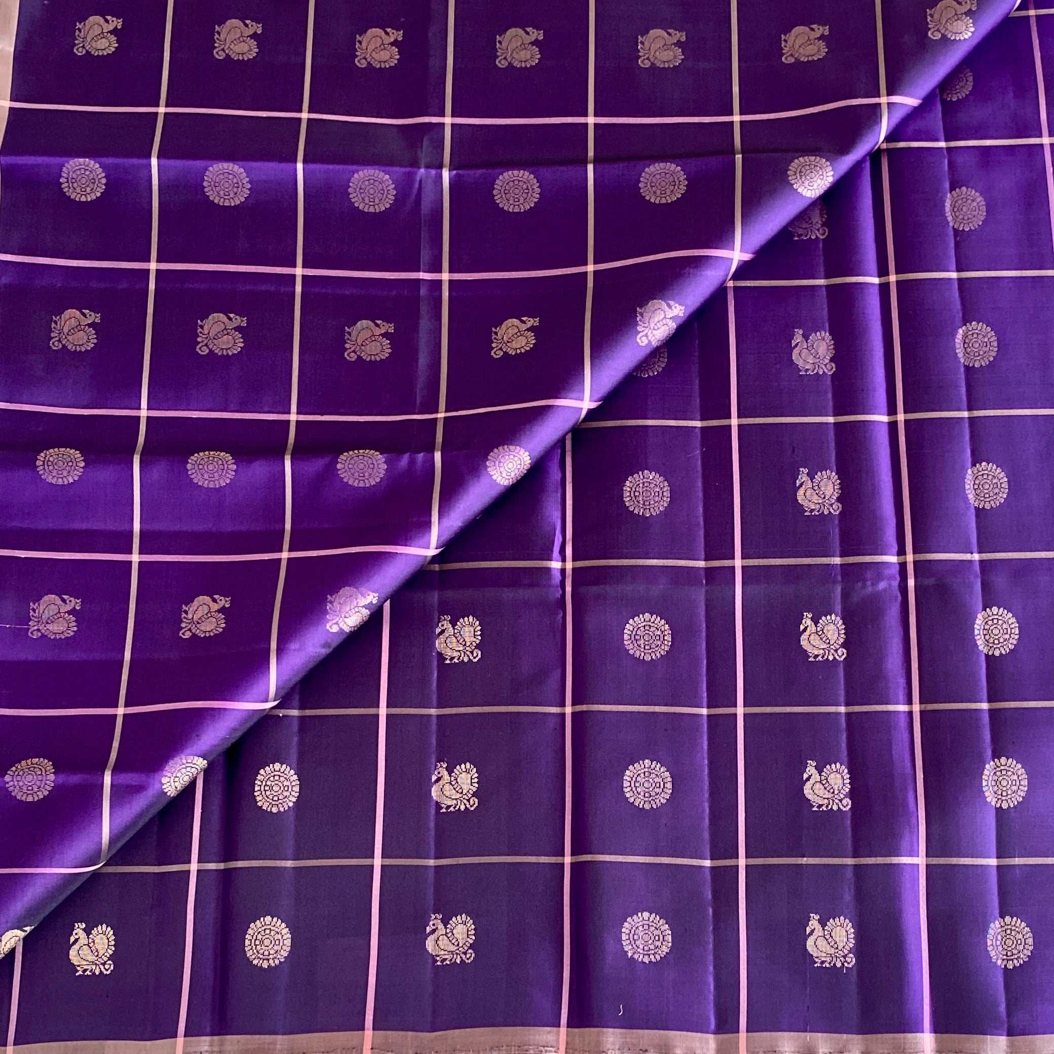 Deep Purple And Peach Pink Designer Pure Silk Saree With Gold Buttas