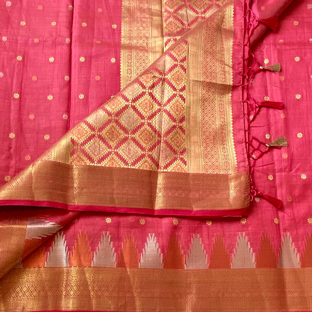 Kanakambari pinkish coral Gold soft tussar silk with temple borders