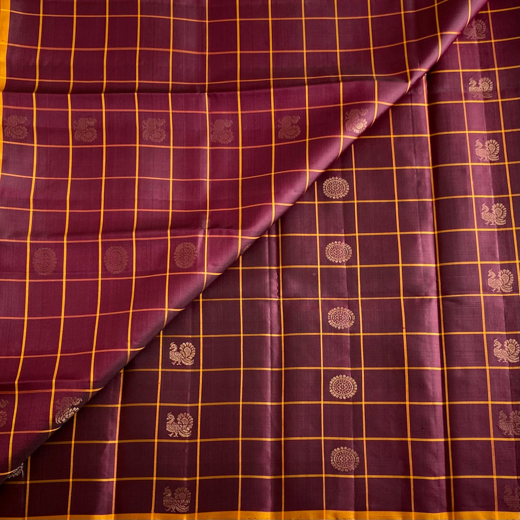 Plum Brown Designer Pure Silk Saree With Saffron Orange Pallu