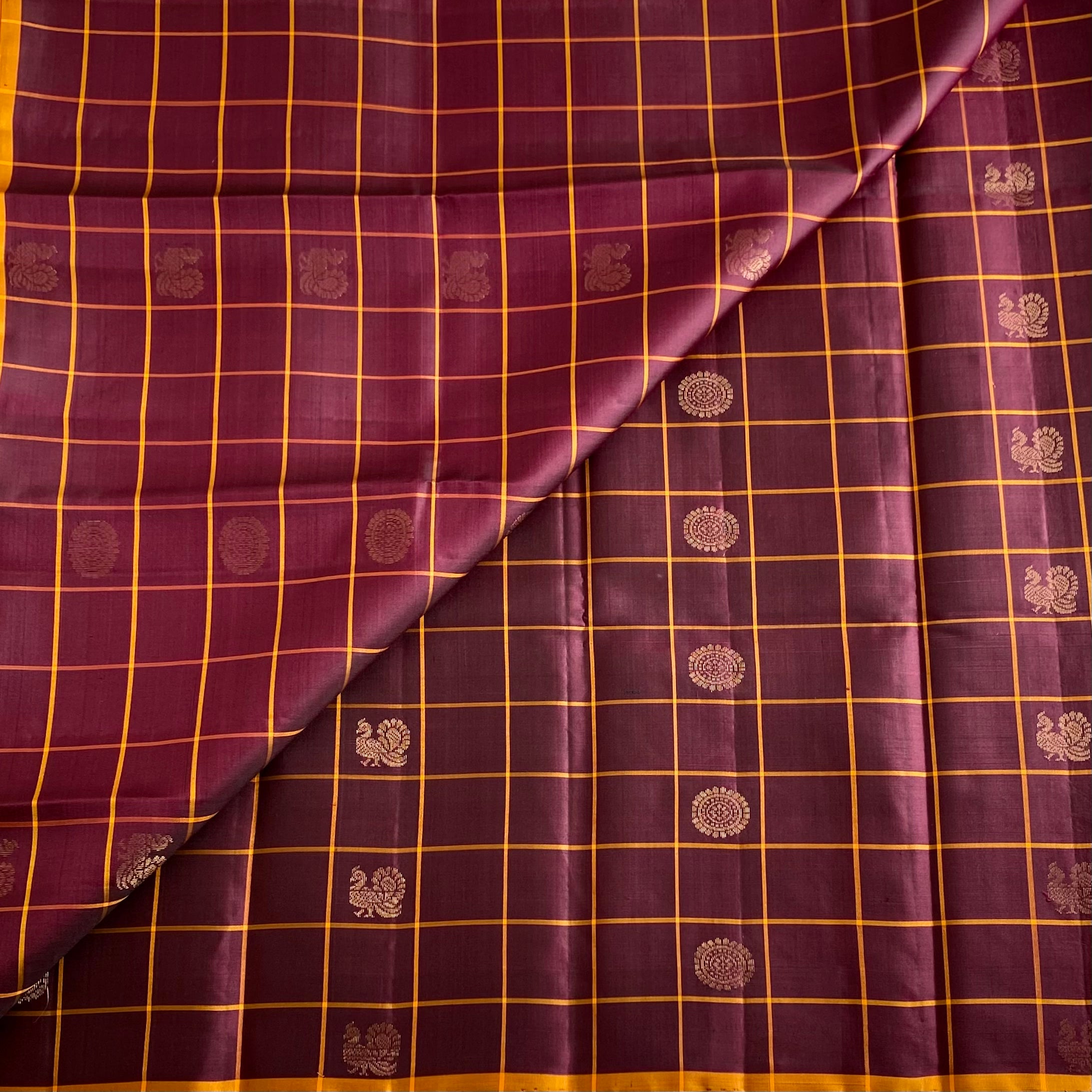 Plum Brown Designer Pure Silk Saree With Saffron Orange Pallu