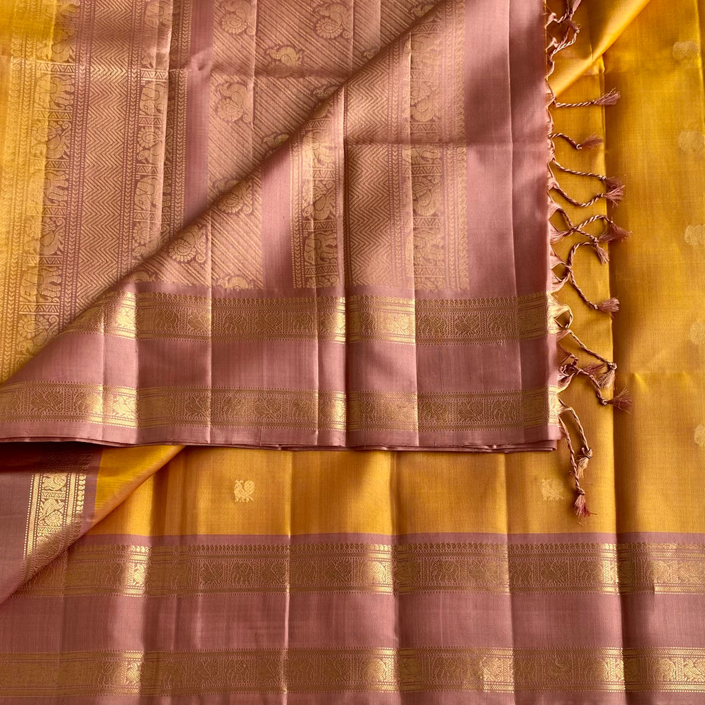 Sunset Yellow & Dusty Rose Designer Pure Silk Saree With Retta Petta Borders