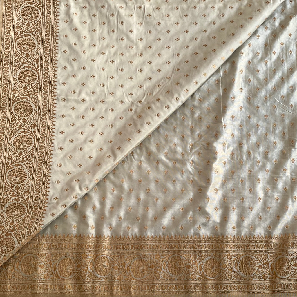 Lightest Sage Greyish Green Soft Satin Crepe Silk Saree With Antique Gold Pallu