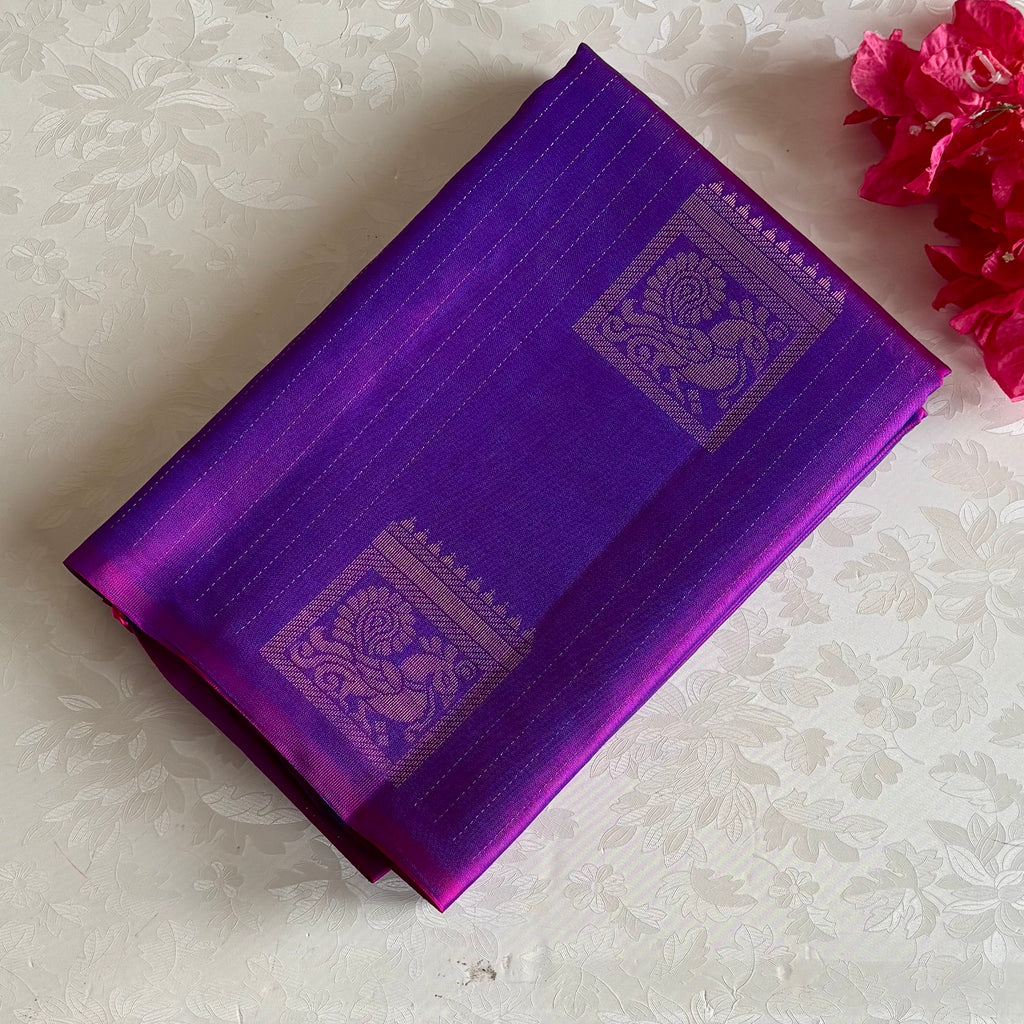 Dual Shaded Magenta Purple Designer Pure Silk With Peacock Zari