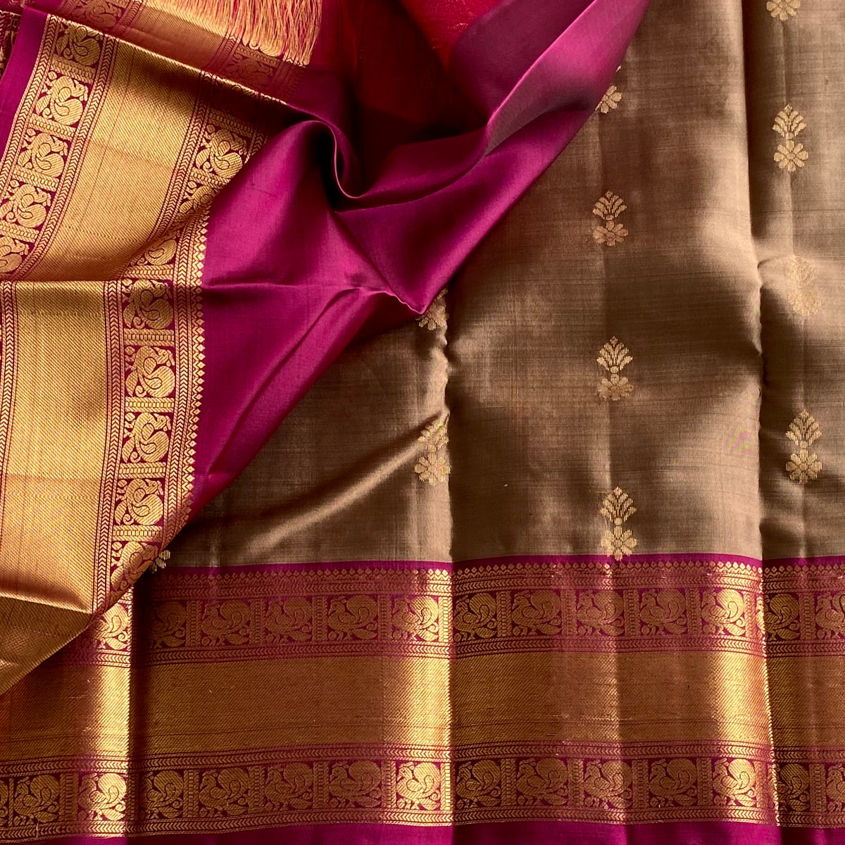Bronze Brown Designer Pure Silk Saree With Deep Magenta Pallu