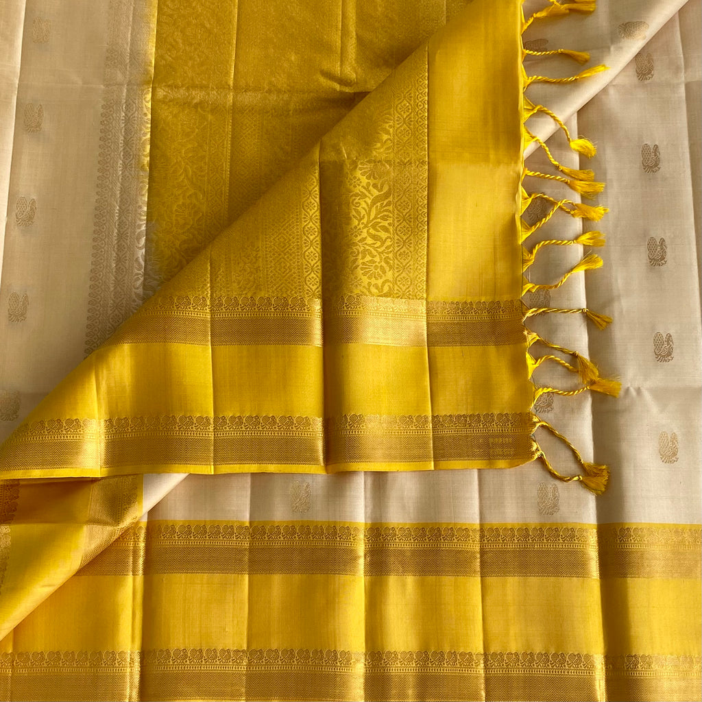 Beige with Golden Yellow Designer Pure Silk Saree with Retta Pett borders