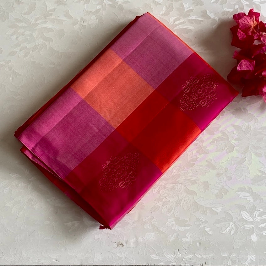 Rani Pink Designer Pure Silk Saree With Coral Orange And Mauve Pink Checks