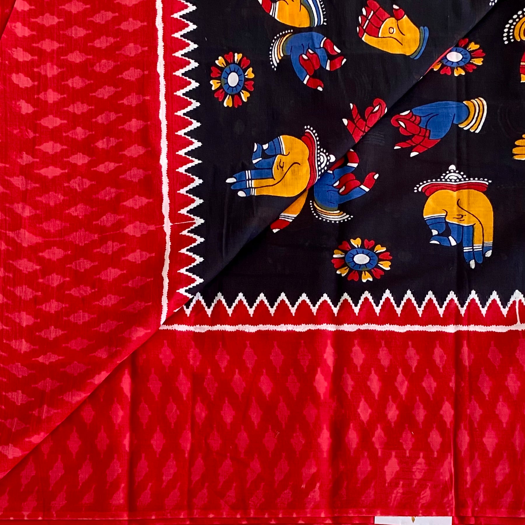 Scarlet Ikat Saree Black Pallu Elephant Motifs White Zigzag Border