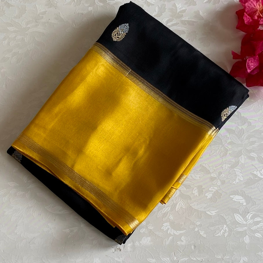Exotic Black With Yellow Soft Tussar Silk With Antique Zari Buttas