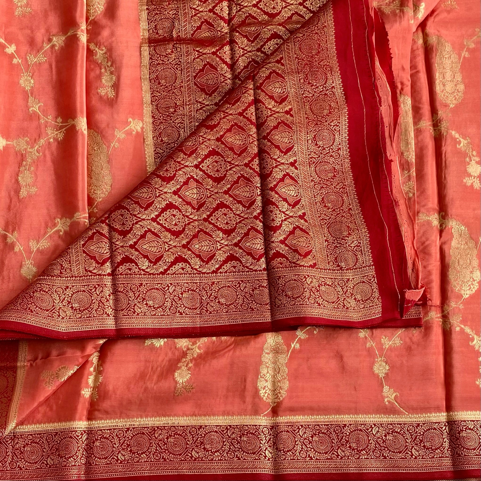 Coral Peach Soft Tussar Silk Saree With Crimson Red Border