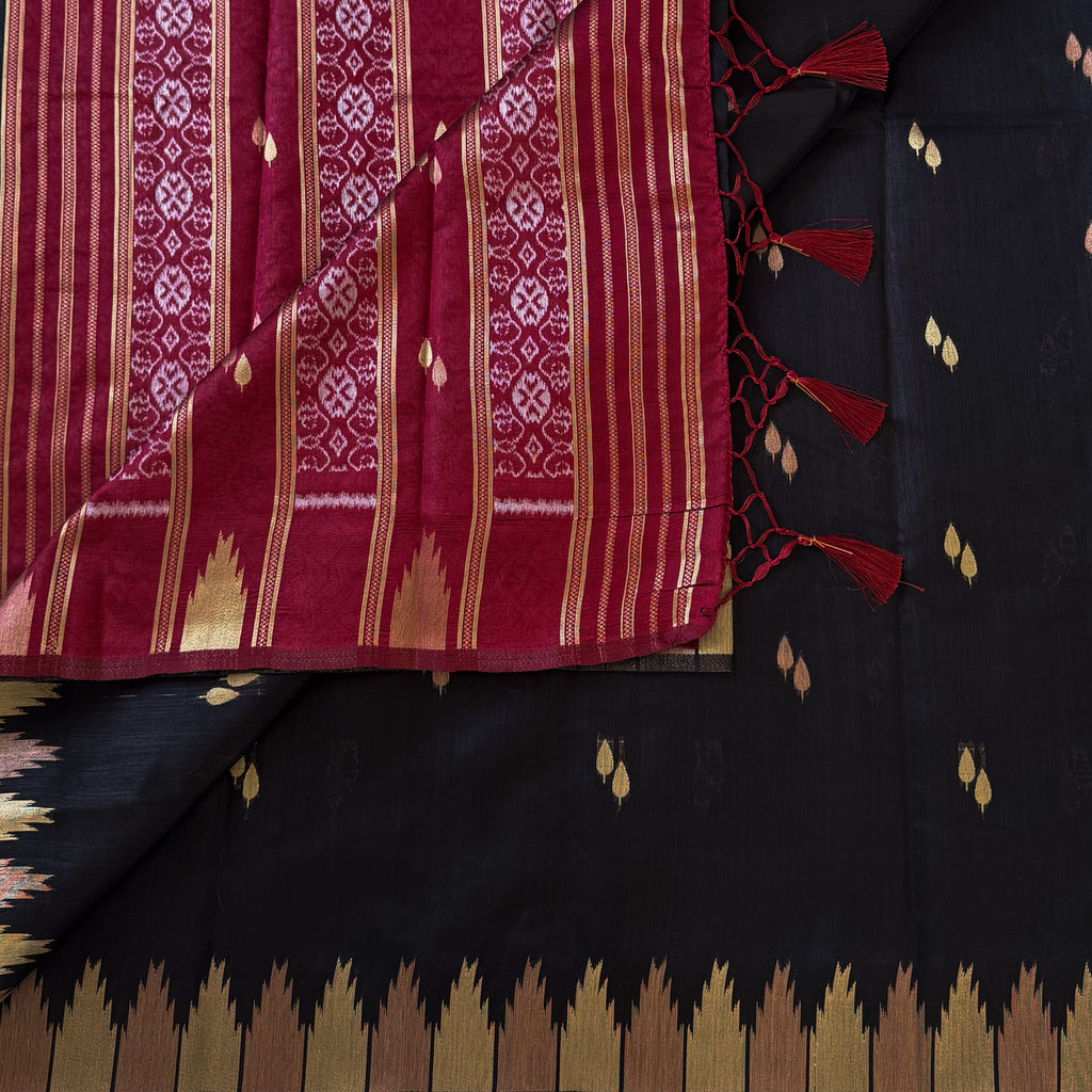 Burgundy Black Ikat Saree with Gold Temple Border Festive Wear