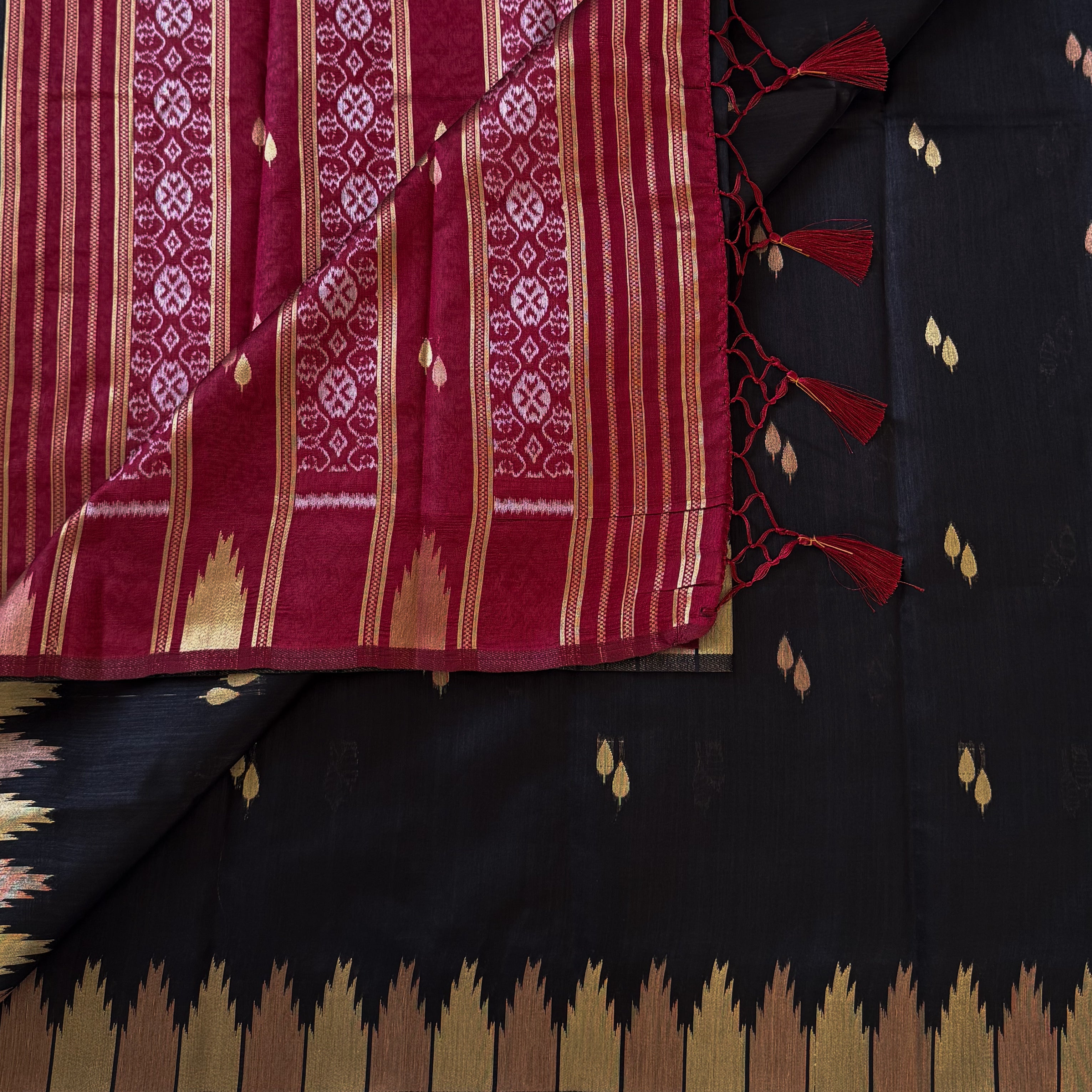 Burgundy Black Ikat Saree with Gold Temple Border Festive Wear