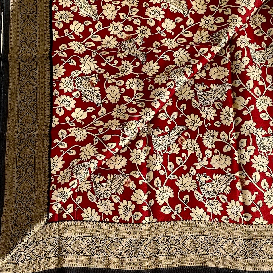 Soft Tussar Silk Crimson Red Saree With Antique Gold Brocade Border