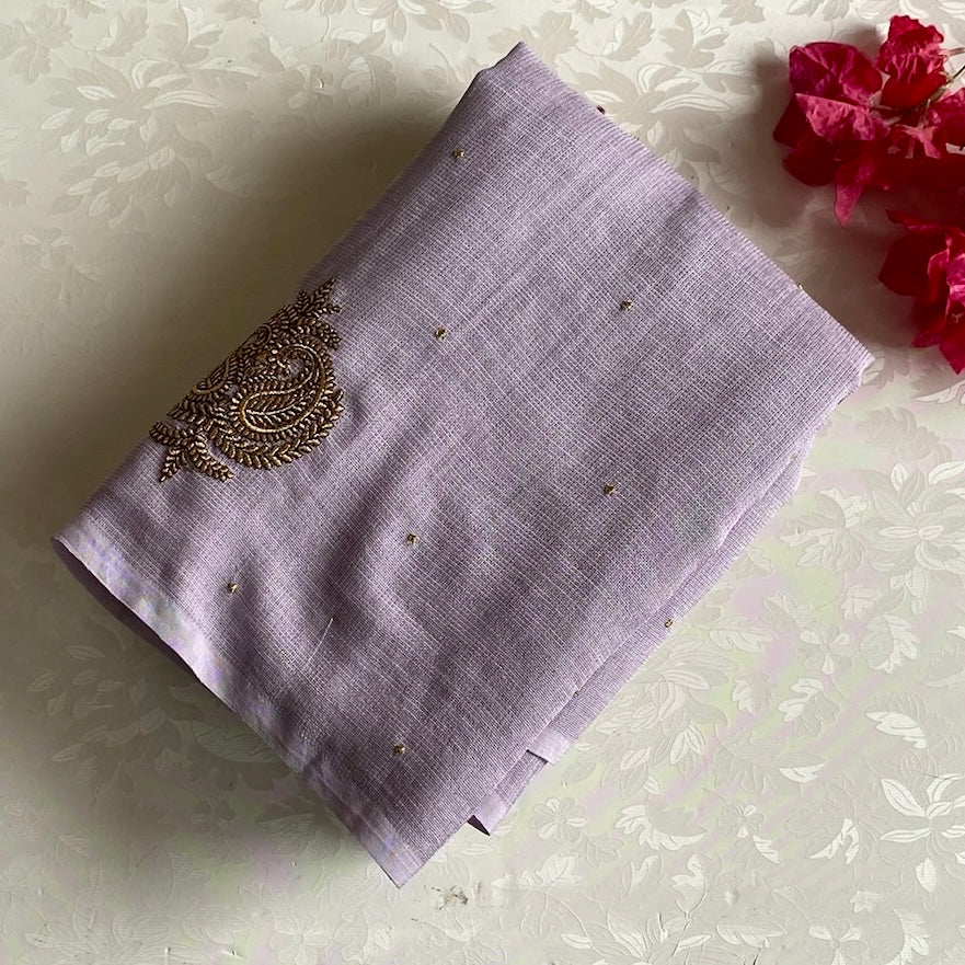 Lilac Soft Jute Tussar Saree With Jet Black Blouse And Gold Motifs