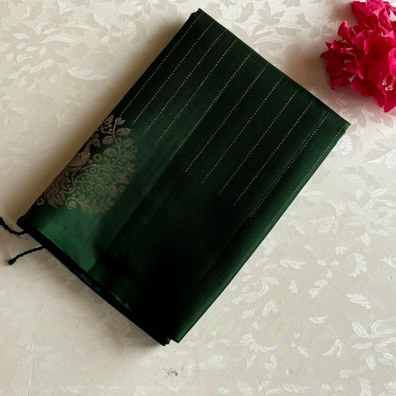 Forest Green Designer Pure Silk Saree With Antique Gold Pallu