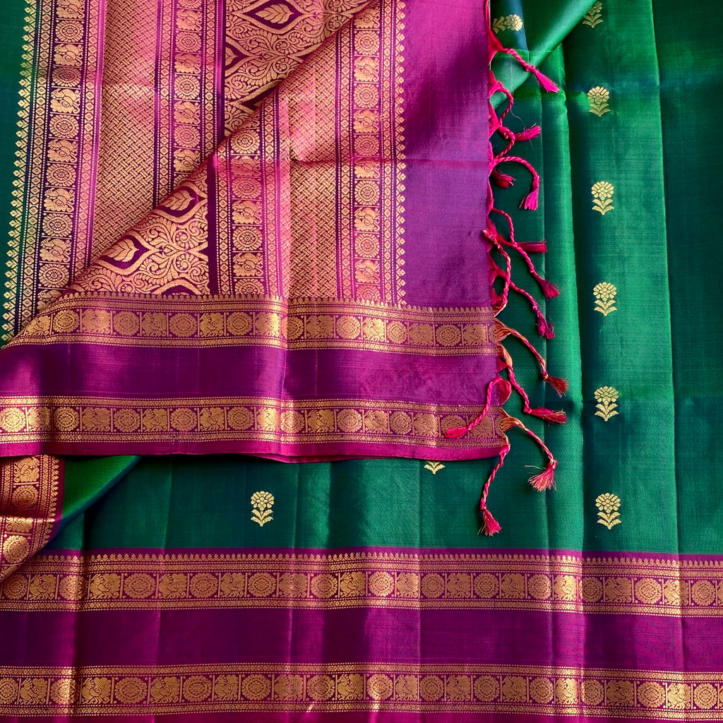 Deep Peacock Green Designer Pure Silk Saree With Rich Magenta Pallu