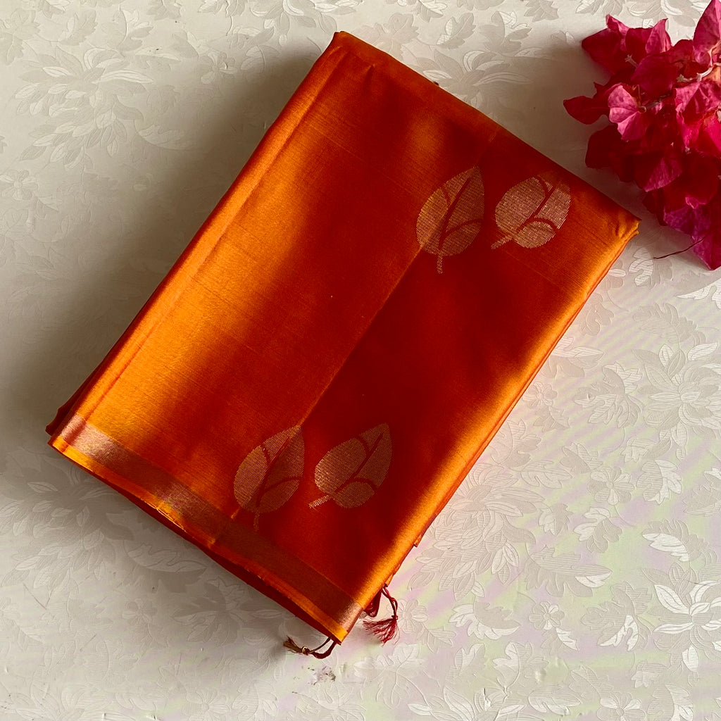 Saffron Orange Designer Pure Silk Saree With Rich Magenta Pallu