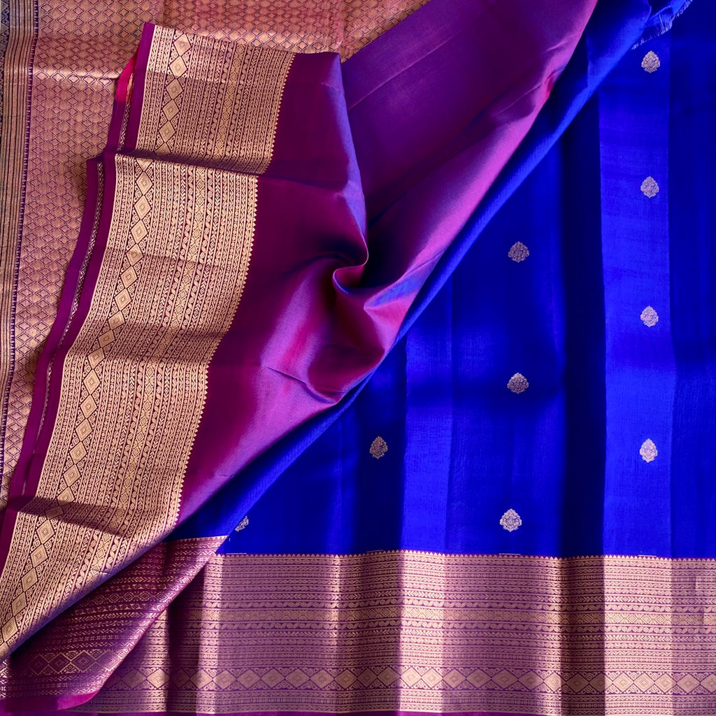 Royal Blue Designer Pure Silk Saree With Magenta Pallu Gold Zari Border