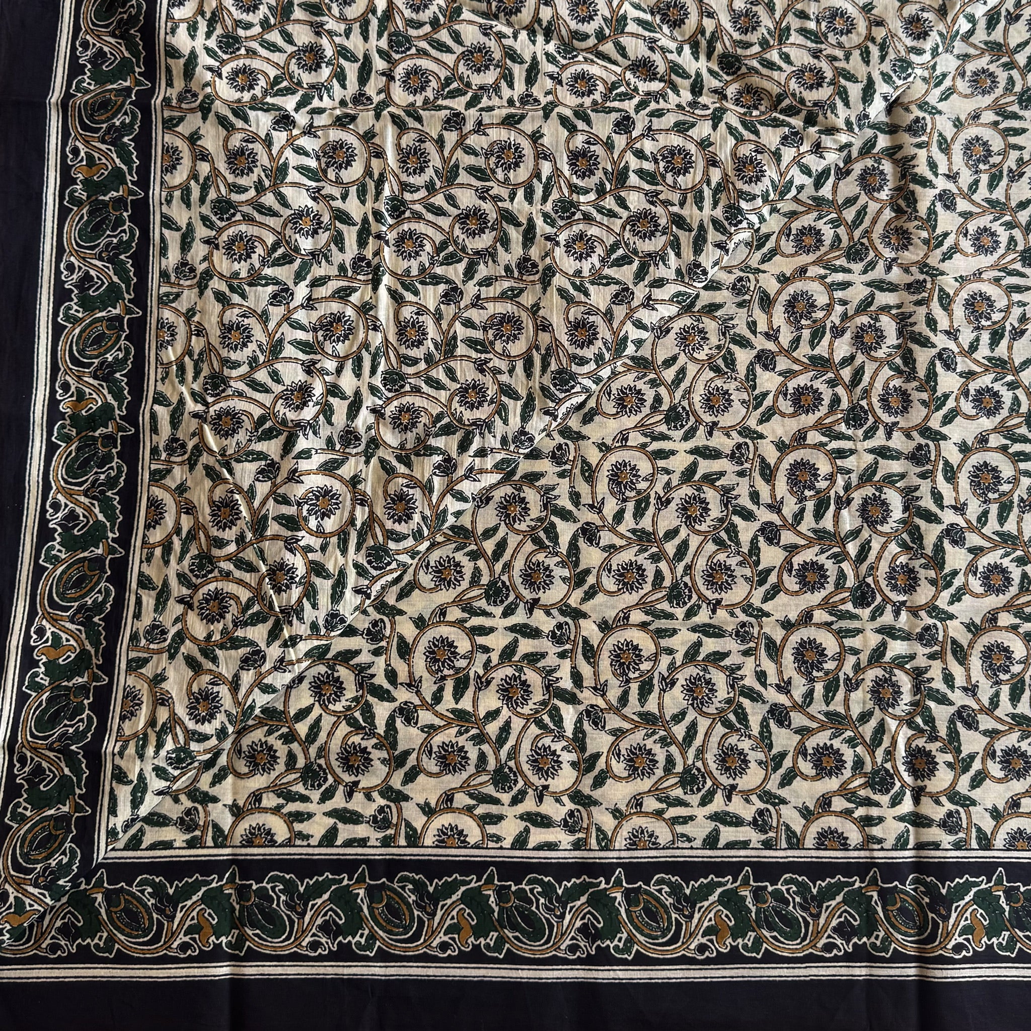 Forest Green Block Print Floral Saree with Black Paisley Border